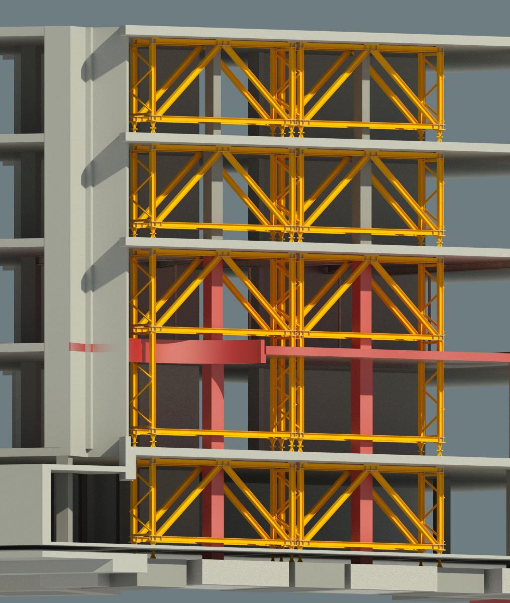 Extract from Revit BIM Model indicating required columns and floor slab to be removed in Red while retaining the columns and floors over